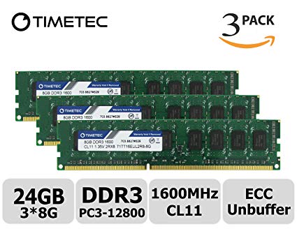 Timetec Hynix IC 24GB Kit(3x8GB) DDR3L 1600MHz PC3-12800 Unbuffered ECC 1.35V CL11 2Rx8 Dual Rank 240 Pin UDIMM Server Memory Ram Module Upgrade (24GB Kit(3x8GB))