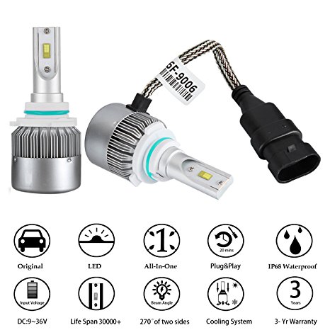 9006/HB4 LED Headlight Bulbs Conversion Kit 72W 7600LM 6000K Cool White for Car Halogen HID Xenon Replacement, Clear Bright Arc-Beam of Auto Headlamp W/ All-in-one Design-3 Yr Warranty(2PCS)