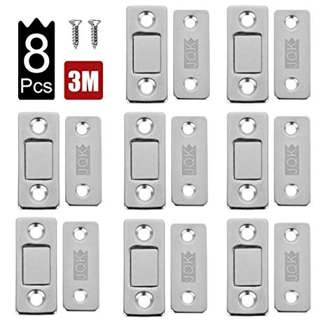 JQK Drawer Magnetic Door Catch, Thin (3.7mm) Stainless Steel Cabinet Magnet Ultrathin Narrow Furniture Latch (8 Pack), 15 lbs Magnet Silver, HCC200-P8