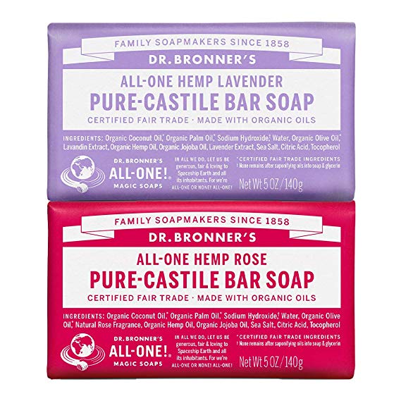 Dr. Bronner’s - Pure-Castile Bar Soap (2-Pack Bundle, Rose & Lavender) - Made with Organic Oils, For Face, Body and Hair, Gentle and Moisturizing, Biodegradable, Vegan, Cruelty-free, Non-GMO