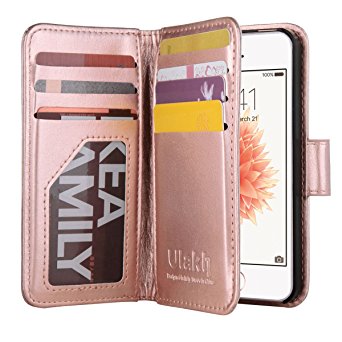 iPhone SE Case, iPhone 5s Wallet Case, ULAK Premium PU Leather Magnet wallet Cover for Apple iPhone 5/5S/SE (2016 Release) with 9 Card Slots ID Holders (Rose Gold)