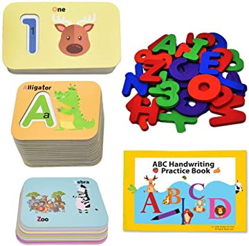 KOKO AROMA Toddler Number and Alphabet Flash Card, Wooden ABC Spelling Game and Puzzle Flashcards for Toddlers 2-4 Years, Montessori Toys Handwriting Book for Kids