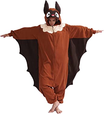 vavalad Adult Brown Bat Onesie Animal Cosplay Costume Halloween One-Piece Zipper Pajamas for women men