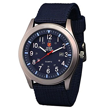 Zeiger Quartz Military Watches Men Sport Watch Analogue Display Date Mens Wristwatch Nylon Band   Gift Box