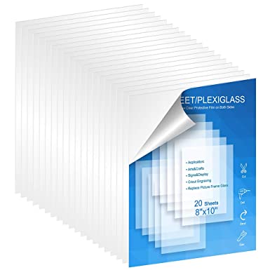 20 Pack of 8X10" Transparent Clear Acrylic Sheet, PET Sheet/Glass Panel 1/25" Thick; Use for Crafting Projects, Picture Frames, Warehouse & More; Protective Film to Ensure Scratch & Damage Free Sheet
