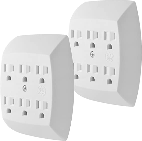 GE 6 Adapter, 2 Pack, 3 Prong Outlets, Grounded, Wall Charger, Charging Station, 46852, Standard | White