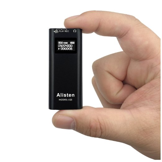 Alisten X25 Portable Digital Voice Recorder 3-in-1 Mini Small Size HD Audio with Music MP3 Player, USB Flash Drive Multifunctional and 25 Hour Recording Rechargeable Battery - 8GB Black