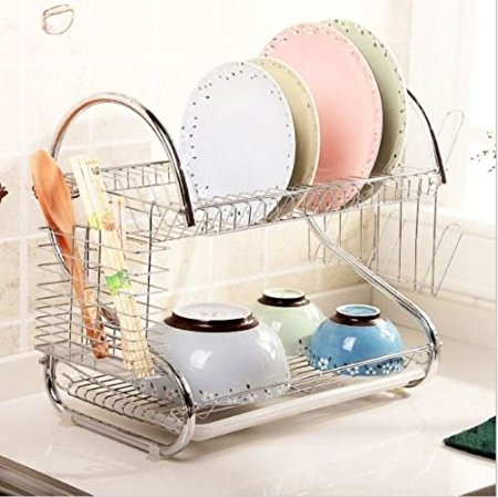 2-Tier Chrome Dish drying Rack and DrainBoard, Kitchen Dish Cup Drying Rack Drainer Dryer Tray Cultery Holder Organizer