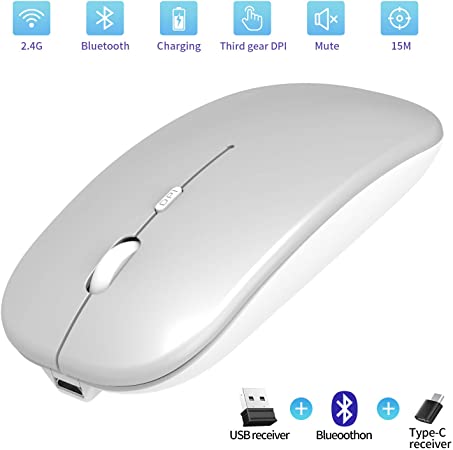 Rechargeable 2.4GHz Wireless Bluetooth Mouse, Slim Noiseless Optical Wireless Mouse with Bluetooth, USB or Type C Connection Compatible with Notebook, PC, Laptop, Computer, MacBook (Silver)