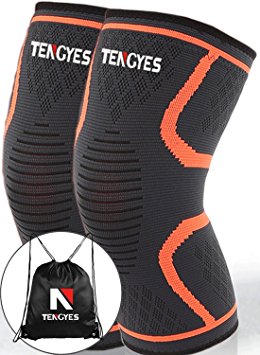 Knee Compression Sleeve ( 1 Pair / sackpack ) by Tengyes - Best Knee Support Brace for ACL, MCL, Volleyball, Powerlifting, Basketball, Running, Sports - Knee Sleeves for Women & Men