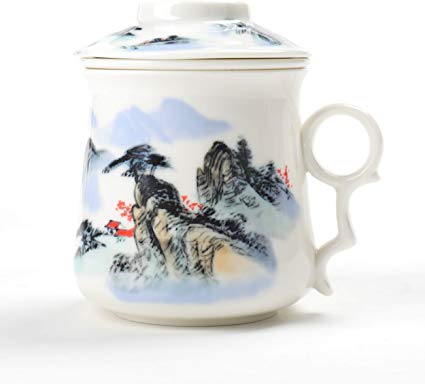 TEANAGOO M01-6 Chinese Tea-Mug with Infuser and Lid, 13.7 OZ, Landscape Painting, Asian Porcelain Filter,Tea Cup Maker, Brewing Steep Strainer, Brewing Women dad Adult Work White Loose Leaf
