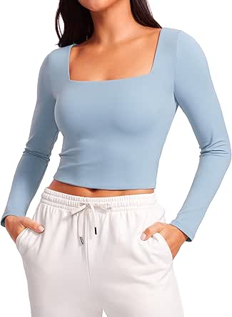 CRZ YOGA Womens Butterluxe Double Lined Long Sleeve Crop Top Square Neck Workout Athletic Casual Cropped Fitted Basic Shirts