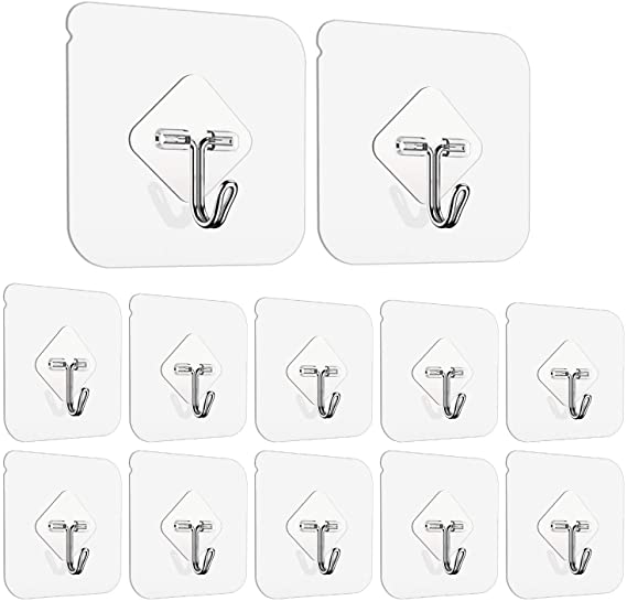 Limo Transparent Adhesive Hooks Utility Hooks 44 lb/ 20 kg(Max), Heavy Duty Coat Hooks Waterproof and Oilproof Reusable Seamless Hooks, Reusable Wall Hook for Bathroom & Kitchen(12 Pack)