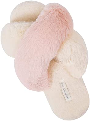 HALLUCI Women's Cross Band Soft Plush Fleece House Indoor or Outdoor Slippers