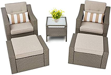 SOLAURA 5-Piece Sofa Outdoor Furniture Set, Wicker Lounge Chair & Ottoman with Neutral Beige Cushions & Glass Coffee Side Table - Gray