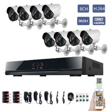 TECBOX 8 Channel Full D1 CCTV DVR HDMI Realtime Network H.264 Security Home Surveillance System With 8 IR-Cut Bullet 700TVL Outdoor Cameras E-cloud DVR(No Hard Drive)