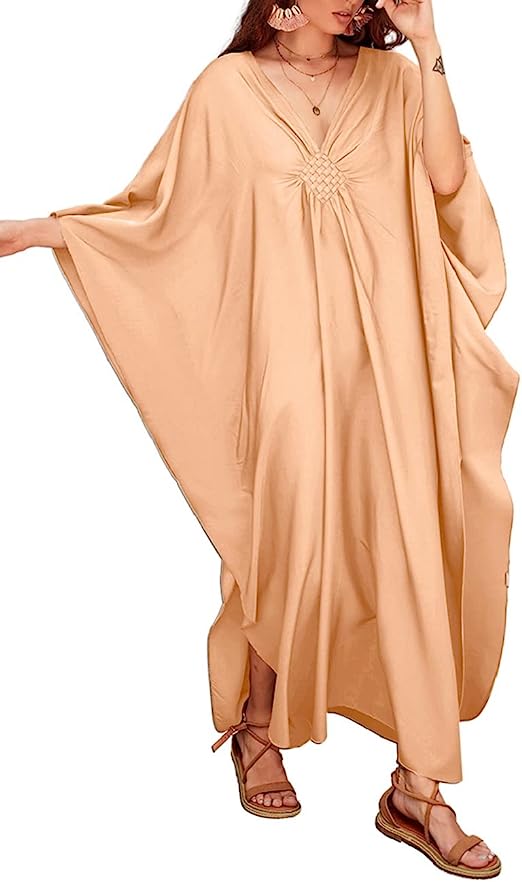 Bsubseach Women Solid Color Cover Up V Neck Batwing Sleeve Plus Size Beach Kaftan Dresses
