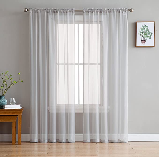 HLC.ME Silver Grey Window Curtain Sheer Voile Panels for Small Windows, Kitchen, Living Room and Bedroom (54 x 54 inches Long, Set of 2)
