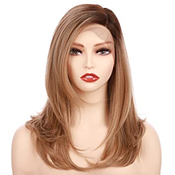 OneDor 18 Inch Kanekalon Futura Synthetic Hair 130% Density Straight Lace Front Side Part Long Wigs (Dark Blonde Evenly Blended & Platinum Blonde with Dark Roots-RL14/22SS)