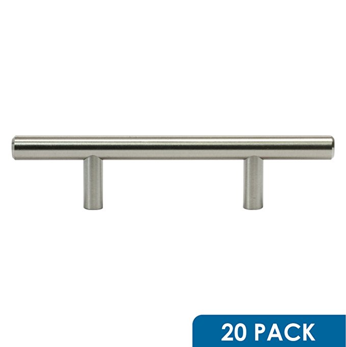 20 Pack Rok Hardware 3" Hole Centers Brushed Nickel Kitchen Cabinet Euro Style Drawer Door Steel T Bar Pull Handle Pull 6" Length