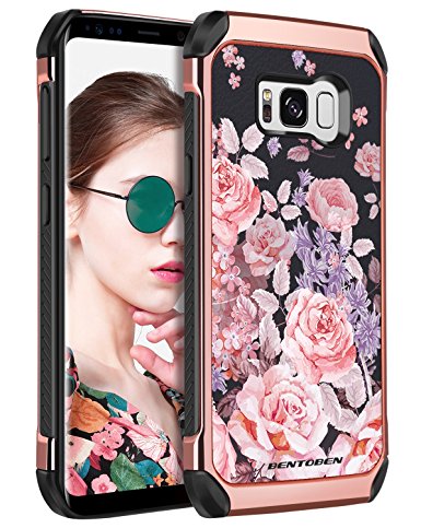 Galaxy S8 Case,Samsung S8 Floral Case,BENTOBEN Shockproof Anti-scratch 2 in 1 Hybrid Hard PC Soft TPU Floral Peony Pattern Protective Cute Case for Samsung Galaxy S8 2017(5.8 Inch) Rose Gold Black