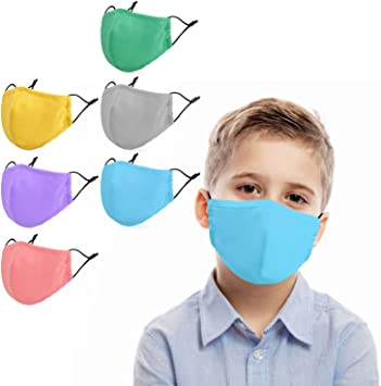 Kids Cloth Face Masks, Reusable Breathable Washable 3 Ply Children Face Mask for Boys Girls, Cotton Polyester Fiber Mask with Adjustable Ear Loops, Nose Wire and Filter Pocket Outdoor School（6 pcs）1
