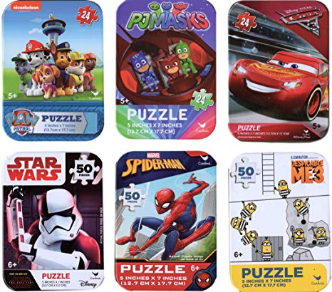 6 Collectible Boy Puzzle Tins Marvel Spiderman Cardinal 24 50 Pieces Ages 5  6  Cars Lightning McQueen, Paw Patrol, PJ Masks, Minions, Star Wars Storm Trooper, Spiderman Bundle Gift Set
