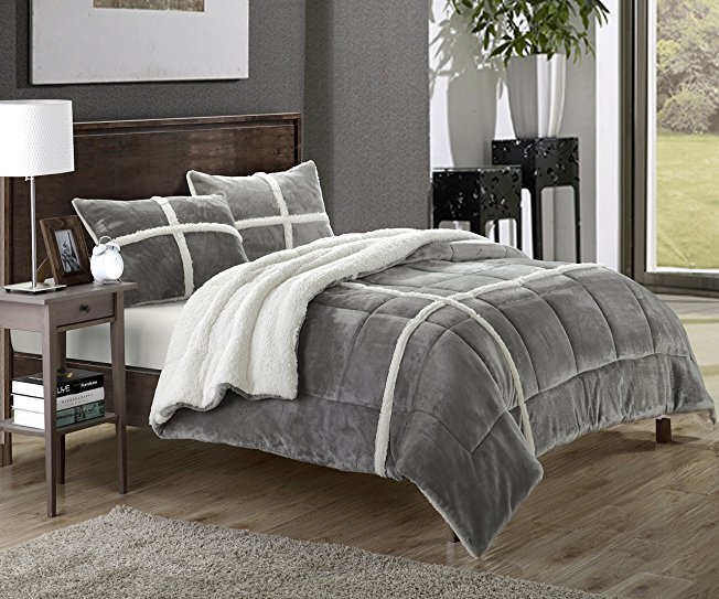 Chic Home 3-Piece Chloe Sherpa Lined Plush Microsuede Comforter Set, King, Silver
