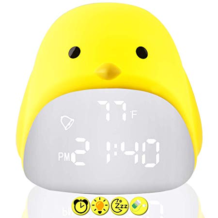 APUPPY Kids Alarm Clock, Digital Alarm Clock, Silicone Cute Cartoon LED Touch Table Nightlight Alarm Clock for Boys Girls, USB Rechargeable, Date Temperature Display, Snooze and Memory Function