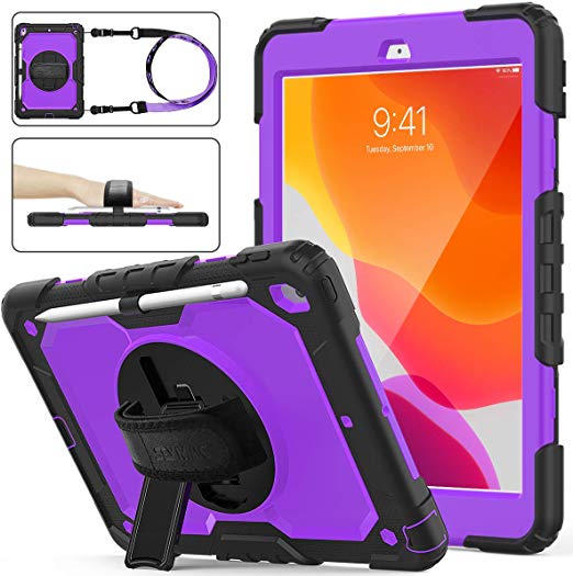 SEYMAC Stock iPad 7th Generation Case, Three Layer Hybrid Drop Protection Case with [360 Rotating Stand] Hand Strap &[Stylus Pencil Holder] for 2019 New iPad 7 Generation 10.2 Inch (Purple Black)