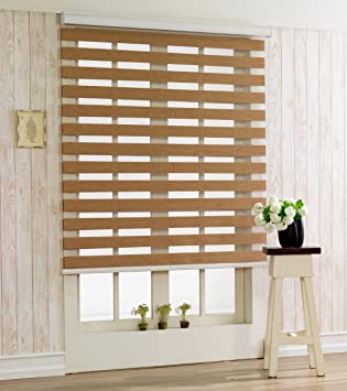 Custom Cut to Size, [Foiresoft Woodlook 55, Walnut, W 27 x H 55 inch] Zebra Roller Blinds, Dual Layer Shades, Sheer or Privacy Light Control, Day and Night Window Drapes, 10 to 110 inch Wide