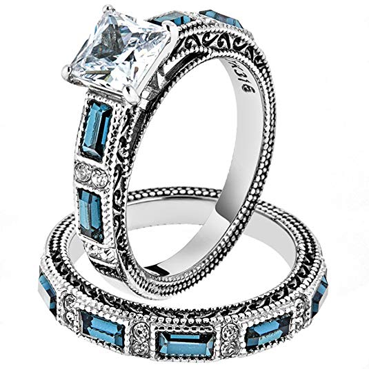 Marimor Jewelry Women's Stainless Steel 316 Cubic Zirconia Antique Design Wedding Ring Set
