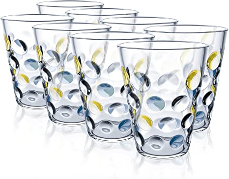 Topsky Plastic Water Tumblers, 12oz Acrylic Break-Resistant Drinking Glasses Dishwasher Safe Plastic Glass Stackable Juice Cups| Clear Set of 8 (Blue)