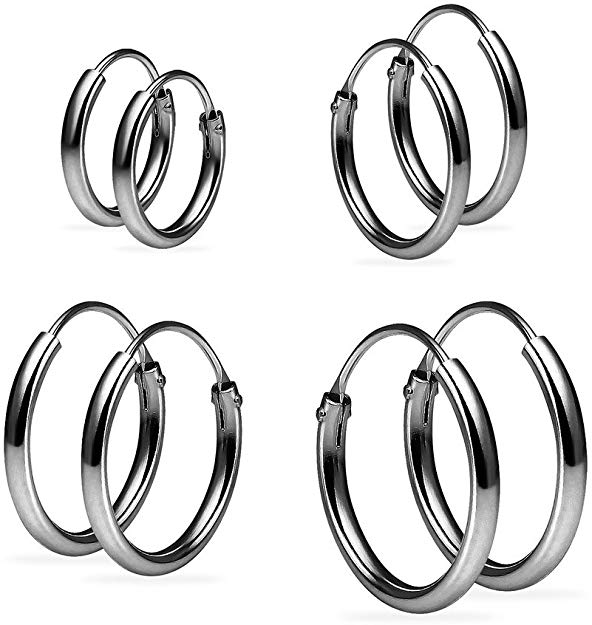 4 Pair Set Sterling Silver Small Endless 1.2mm x 10mm, 12mm, 14mm &16mm Lightweight Thin Round Unisex Hoop Earrings, Assorted Colors