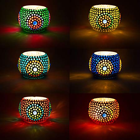 Set of 6 Turkish mosaic glass Tea light Holders Ajan colourful 9 cm High | Moroccan Garden Outdoor Lantern for Candles Tealights | Indoor Tea Lights Holder as Party Accessories Christmas Decorations