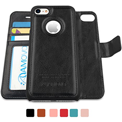 AMOVO iPhone 7 Case, iPhone 7 Wallet Case [Detachable Wallet Folio] [2 in 1] [Premium Vegan Leather] iPhone 7 Flip Cover with Gift Box Package (iPhone 7 (4.7") Black)