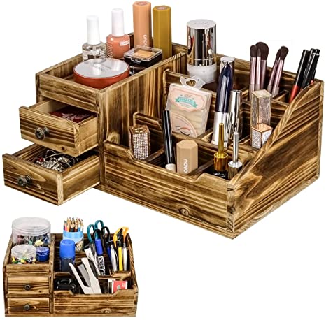 Rustic Wooden Desk Organizer Cosmetic Organizer Storage Makeup Organizer and Storage Organize Storing of Makeup Tools at Home Office Bathroom Organizer Rustic Brown