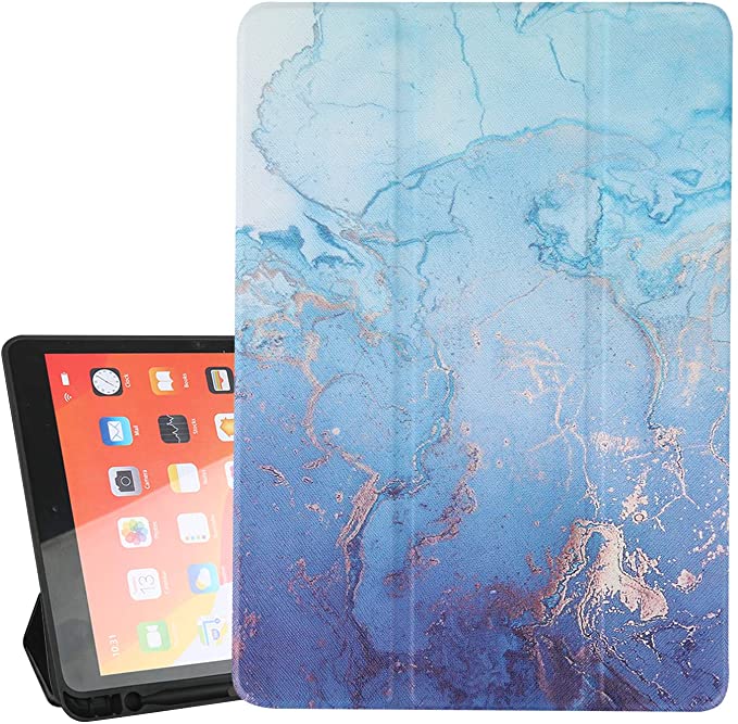 Hepix Marble iPad Air 10.5 Case 2019, Blue Marble iPad Air 3 Case 10.5", Trifold Rubber Silicone Back Cover with Pencil Holder, Auto Sleep/Wake, Viewing/Typing Stands Shock Absorption