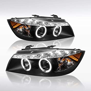 AUTOZENSATION Compatible with 2006-2008 BMW E90 3-Series 4DR LED Strip Black Projector Headlights L   R Pair Headlamp