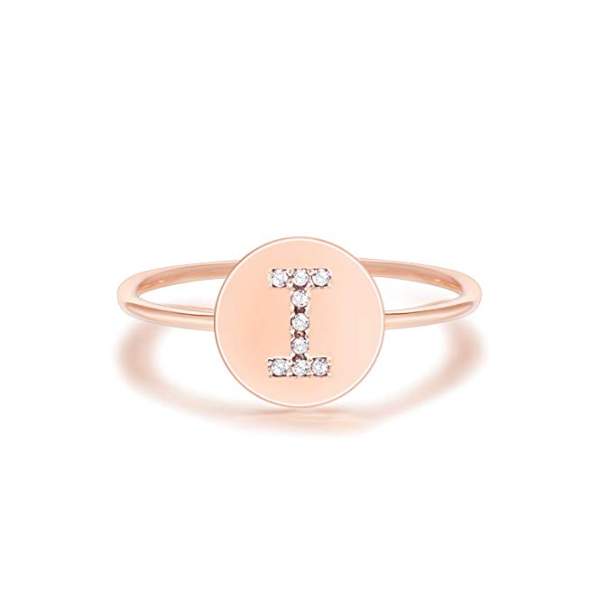 PAVOI 14K Rose Gold Plated Alphabet Disc Initial Ring Stackable Adjustable Size 5-9