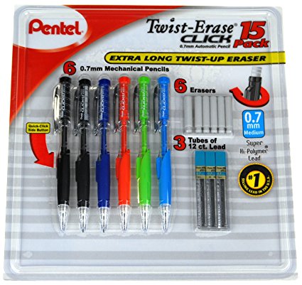 Pentel Twist-Erase Click Mechanical Pencil Set - 6 Mechanical Pencils, 6 Extra Erasers, 3 Tubes of Lead Refills