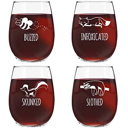 Funny Stemless Wine Glass Set | Animal Pack Set of 4 Glasses | Buzzed, Infoxicated, Skunked and Slothed | Novelty Wine Glasses with Cute Sayings for Women, Her | Quality Made in USA