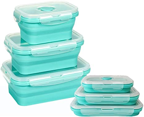 Collapsible Silicone Food Storage Containers with lids - Set of 3 Rectangle for Camping, Traveling, leftover, Meal Prep Lunch Containers– BPA Free, Microwave, Dishwasher and Freezer Safe (Mint Green)