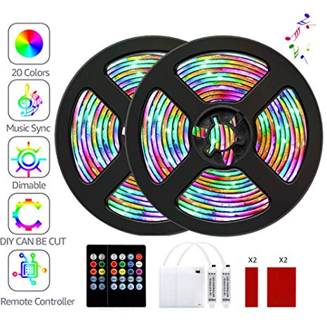 LED Strip Lights, Barhootao RGB LED Light Strip Battery Operated, Music Sync 3.28FT/1M 5050SMD Color Changing Rope Lights Waterproof LED Tape Lights Kit with Remote for Party Room (2Pcs)