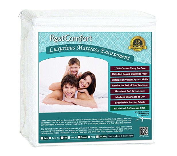 RestComfort Luxury Zippered Encasement Cotton Terry Top - Waterproof, Dust Mite Proof, Bed Bug Proof, Hypoallergenic Breathable Six Sided Mattress Protector (King, Stretches 9"-15" Depth)