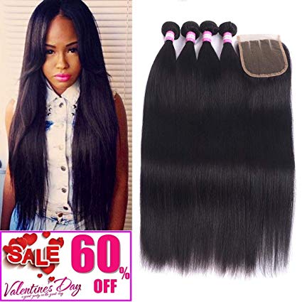 RESACA Malaysian Straight Hair 4 Bundles with Closure Double Weft Remy Human Hair Bundles with Closure (24 26 28 30 20 Three Part) Unprocessed Virgin Human Hair Extensions