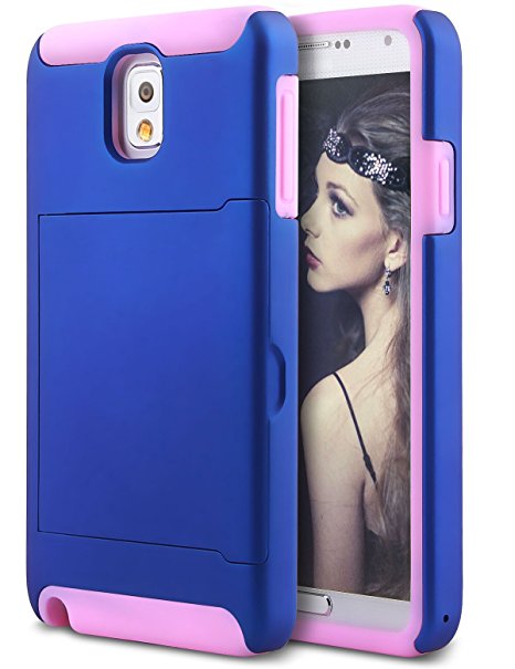 Galaxy Note 3 Case, Ansiwee Dual Layer Silicone Rubber Card Holder Wallet Case with Kickstand for Samsung Galaxy Note 3 (Blue/Pink)