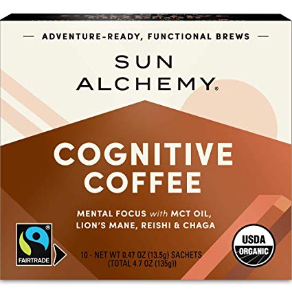 Sun Alchemy Cognitive Coffee, Mental Focus with Organic MCT Oil, Fair-Trade Coffee, Lion’s Mane, Reishi & Chaga - 10 Sachets