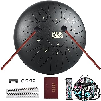 FOUR UNCLES Steel Tongue Drum 10 Inch 11 Notes Hand Pan Drums with Travel Bag Sticks Music Book Mallets, D Major Musical Instruments for Entertainment Meditation Yoga Zen Gifts (Black)