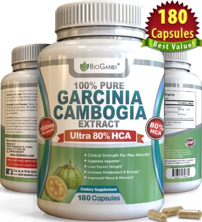 1 Rated 80 HCA Pure Garcinia Cambogia Extract 180 Capsules Best Ultra Potent Proven Weight Loss Supplement Formula Third Party Lab Tested For Purity and Potency 3000mg per day 1500mg per serving